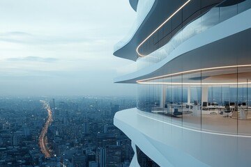 Modern office building with expansive glass windows overlooking a city at dusk