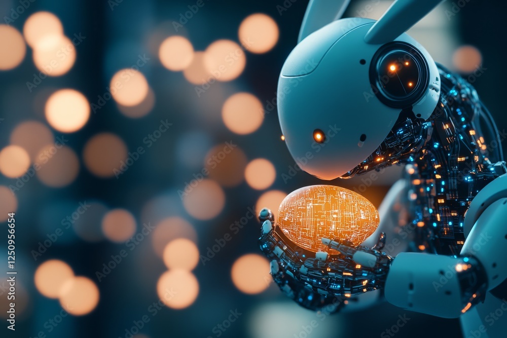 Aufkleber robot rabbit holds glowing digital egg in futuristic environment with bokeh lights