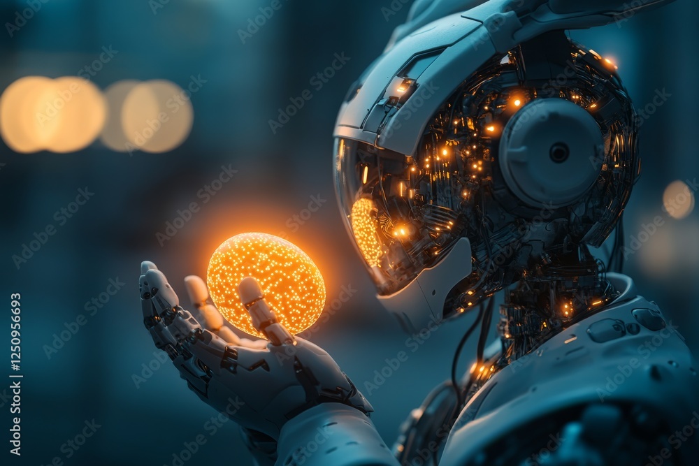 Poster robot holds glowing orb in futuristic setting at dusk with soft lights illuminating the background