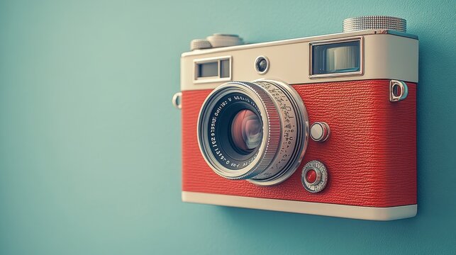 Retro camera on blue wall, photography hobby - Powered by Adobe