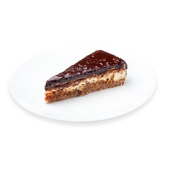 Piece of chocolate cake on a plate, white background, isolate.