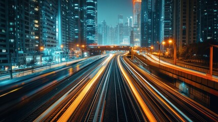 Naklejka premium Night cityscape, highway traffic streaks, urban transport, blurred background, advertising