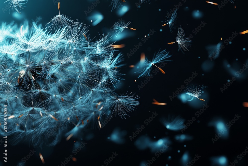Poster dandelion seeds drifting in the wind amidst a dark background with a gentle glow illuminating their 