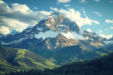 Fototapeta premium Majestic snow-capped peak, alpine valley, sunset clouds, scenic landscape, travel poster
