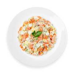 Olivier salad with salmon on a plate, top view, white background, isolate.
