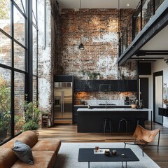 Loft apartment kitchen, industrial brick wall, city view, open plan living