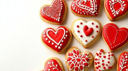 Heart-Shaped Cookies Decorated with Red Icing and Sugar Sprinkles