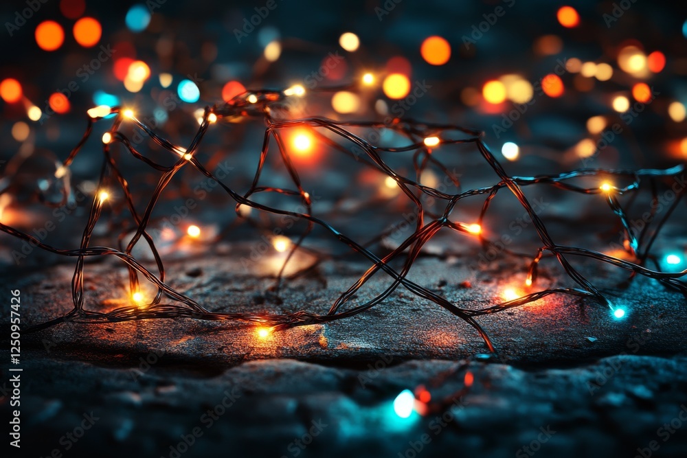 Aufkleber brightly colored string lights lie tangled across a dark surface in a cozy setting at night