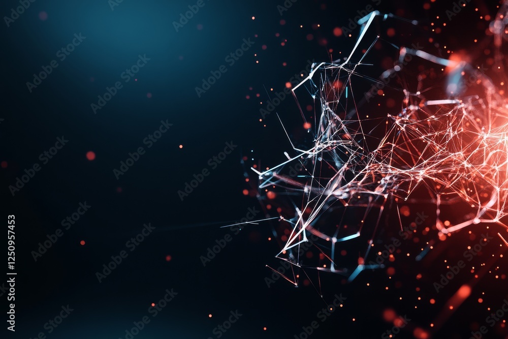 Poster abstract network design featuring intersecting lines and glowing particles in dark background