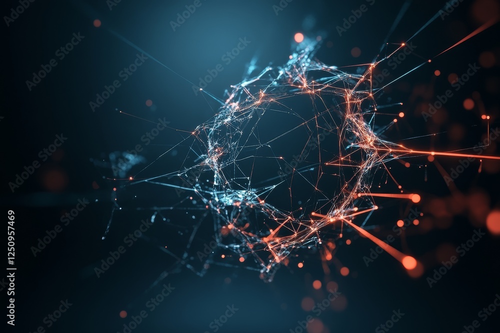 Poster visual representation of digital connections and energy flow in a dark, abstract landscape created t