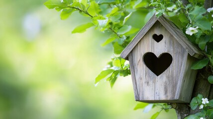 Charming Wooden Birdhouse with Heart Cutouts in a Lush Green Spring Garden