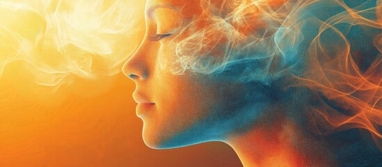 Serene face, smoke swirls, warm background, spiritual peace, meditation