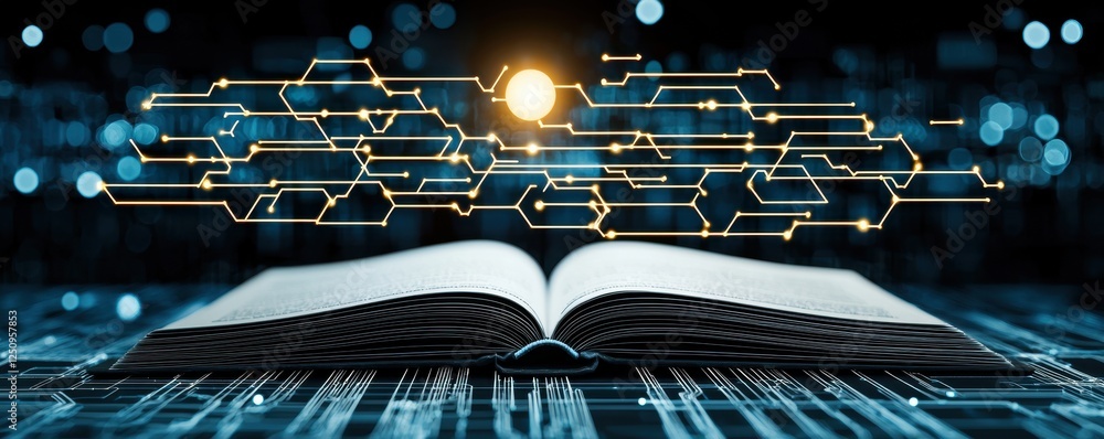 Poster open book on digital circuit board representing knowledge and technology