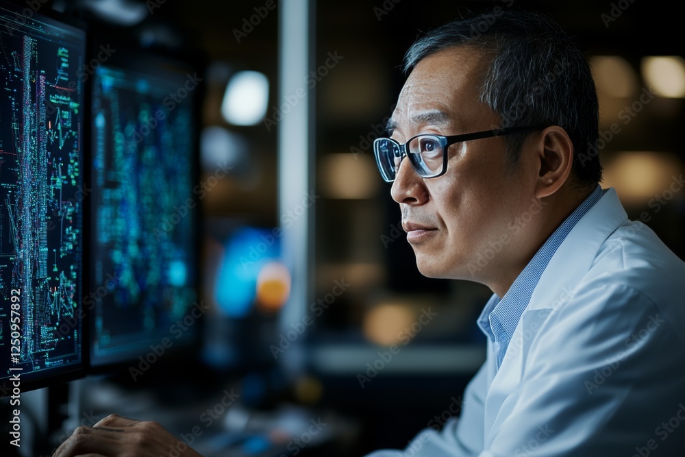Poster scientist analyzes complex data on multiple screens in a high-tech laboratory late at night