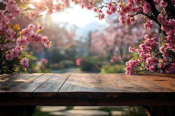 Naklejka premium Rustic Wooden Tabletop with Spring Cherry Blossoms