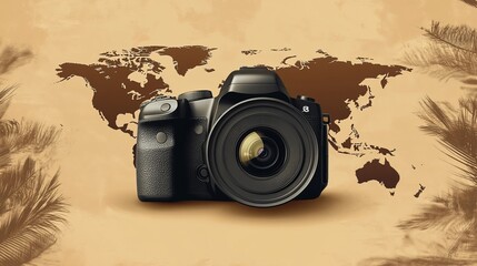 Creative Illustration of a DSLR Camera with a Vibrant World Map Background – Travel and Photography Concept