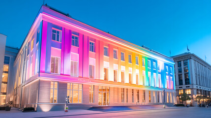 Obraz premium historical building illuminated with vibrant pride colors at dusk, showcasing beautiful architectural design