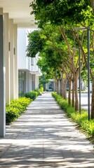 A serene pathway lined with green trees.