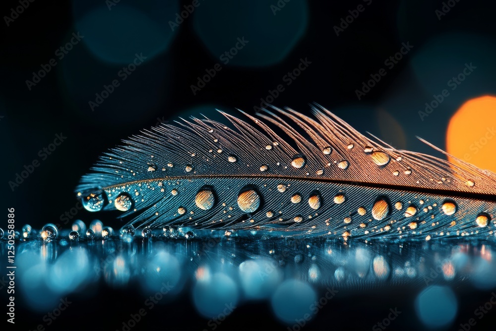 Poster close-up of a feather with water droplets highlighting delicate textures and vibrant colors in a sof