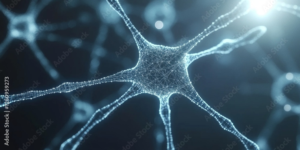 Aufkleber blue neural network interconnected neurons with synapses firing, on dark background. 3d render.