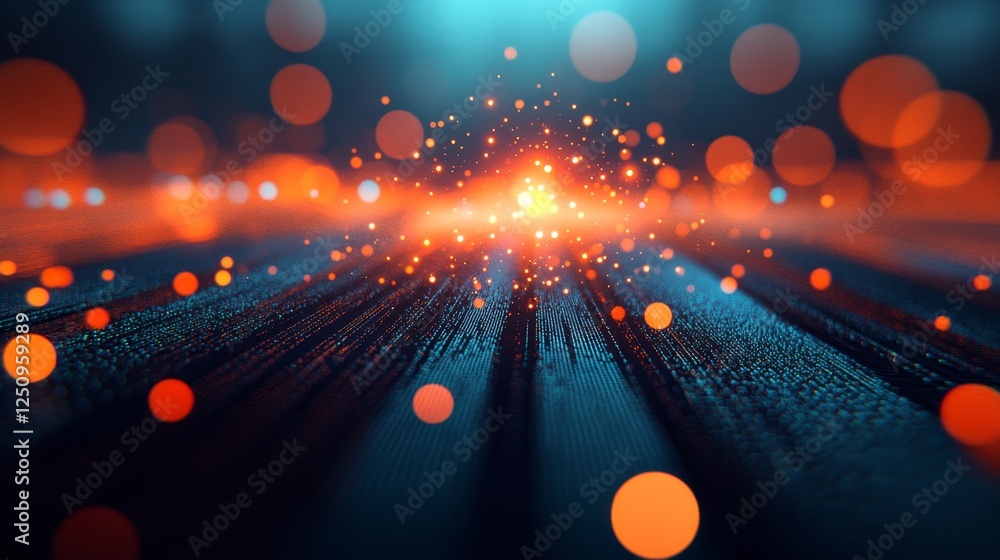 Poster blue, teal and orange abstract vector art with radiating lines and circular bokeh, graphic design