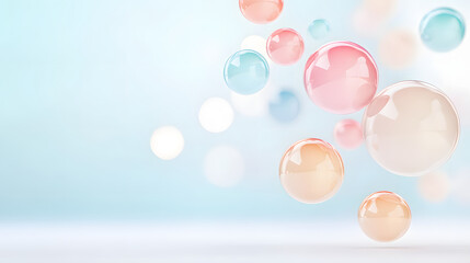 Soft blurred rainbow orbs floating against light blue background create dreamy atmosphere. gentle colors evoke sense of calm and tranquility