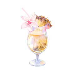 Elegant Hurricane Glass With Liquor, Topped With A Piece Of Pineapple, Plumeria flower, Straw, Tropical Alcoholic Cocktail, Refreshing Romantic Drink, Watercolor Illustration On A White Background