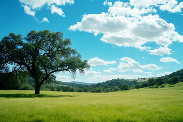 Obraz premium Lush Meadow Under a Vibrant Sky with Majestic Tree