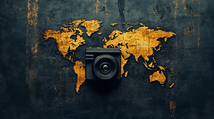 Creative Illustration of a DSLR Camera with a Vibrant World Map Background – Travel and Photography Concept