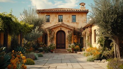 Fototapeta premium Tuscan-style villa, sunny courtyard, landscaping, real estate