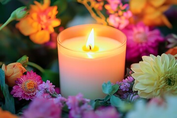 Softly Lit Candle Surrounded by Vibrant Flowers