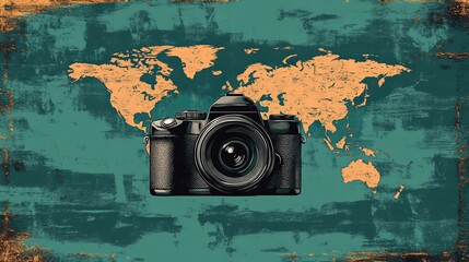 Creative Illustration of a DSLR Camera with a Vibrant World Map Background – Travel and Photography Concept