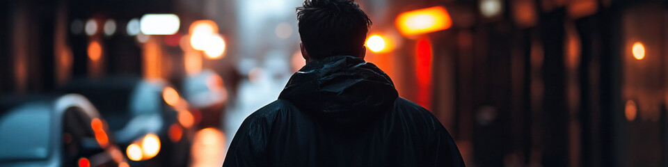 Man in Hooded Jacket on City Street at Night