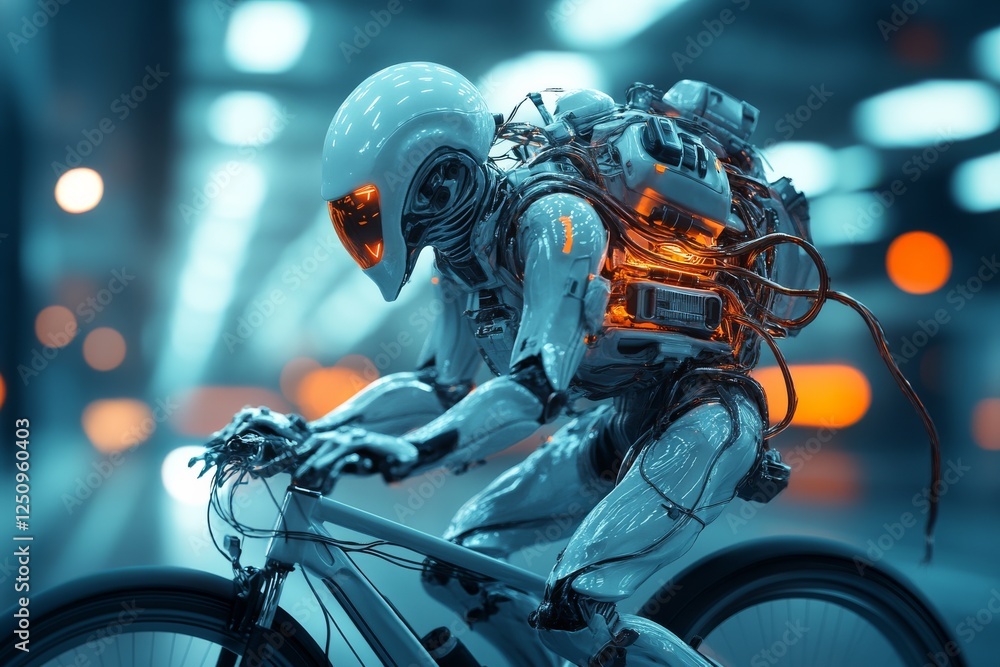 Poster robot cyclist with futuristic design riding through illuminated urban environment at nighttime