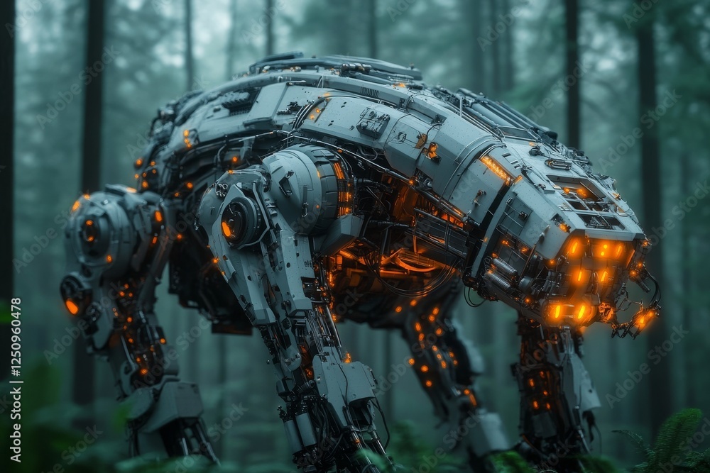 Poster futuristic robotic creature explores a misty forest at dawn with glowing features and intricate deta