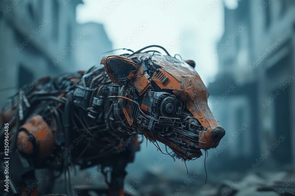 Aufkleber robotic dog exploring a desolate urban environment with advanced technology