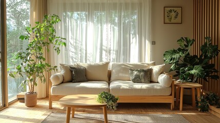 Sunlit Living Room With Comfortable Sofa And Lush Plants