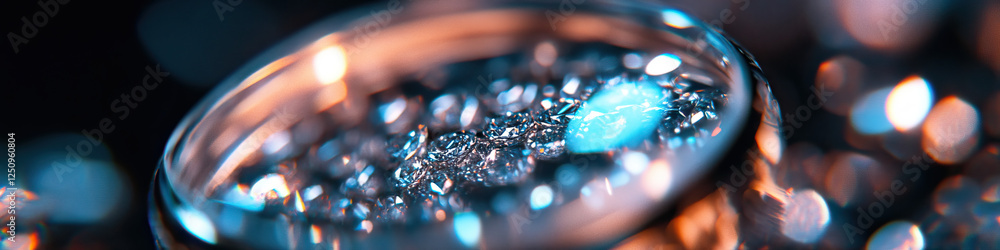 Poster crystals in transparent container with bokeh background