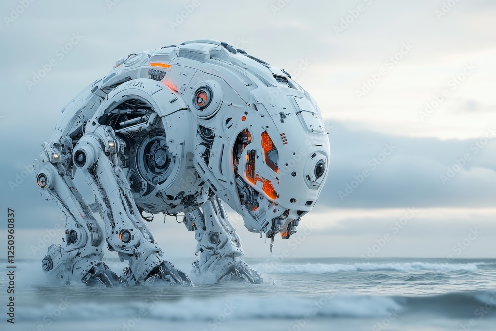 Poster futuristic robotic creature exploring a tranquil beach at dawn with soft waves and cloudy sky