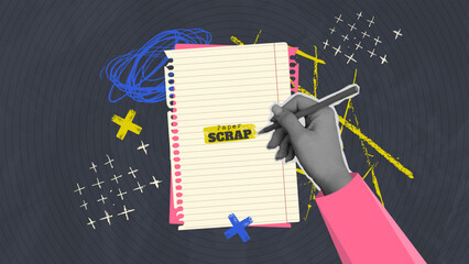 Scrap-booking retro halftone collage with hand writing down with pencil, paper scrap elements, and grunge abstract elements. Concept of writing down your notes. Contemporary collage art.