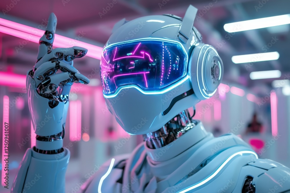 Aufkleber futuristic robot with neon accents poses in a modern tech environment, showcasing advanced design an