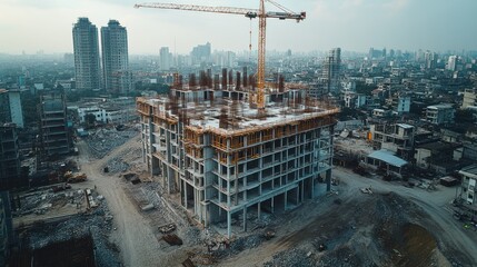 Fototapeta premium Aerial view City skyscraper construction, crane, urban development