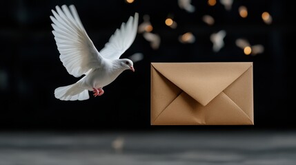 Elegant white doves soar alongside a golden envelope, symbolizing peace and message delivery.