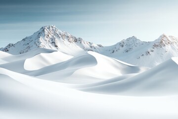Snow-covered mountains with smooth sand dunes under a clear sky during winter light