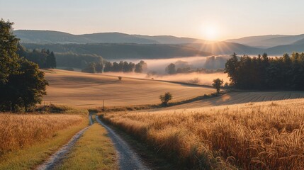 Obraz premium Sunrise over misty valley farmland.