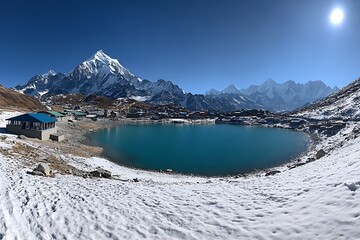 Obraz premium Stunning Himalayan Lake and Village Nestled Among Snow-Capped Peaks