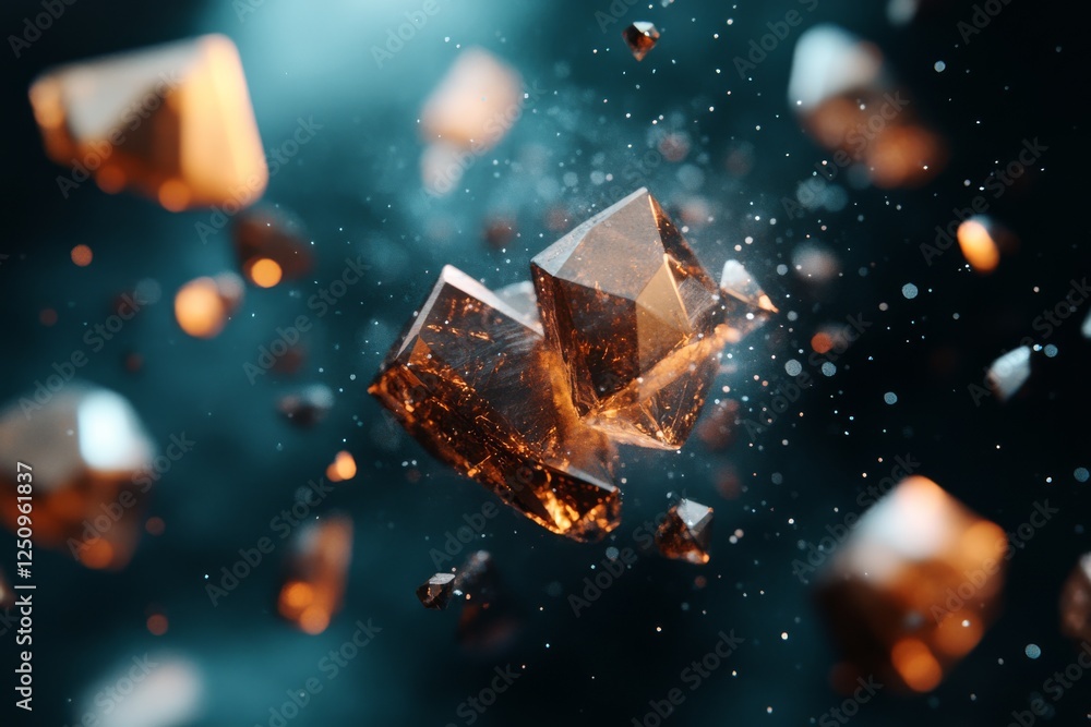 Poster shimmering crystals erupting from a dark background with sparks and particles in a dynamic display o