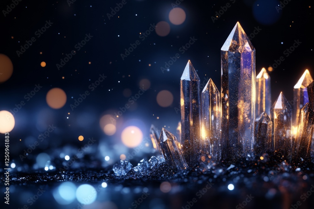 Poster crystal formations illuminated by soft light create a mystical atmosphere in a dark setting