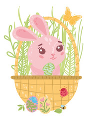 Vector cute Easter pink bunny and eggs in basket for poster, websites, card, scrapbooking, stickers isolated on white background