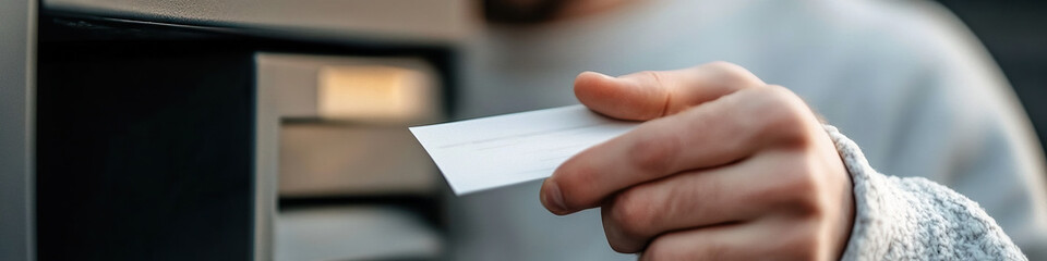 Obraz premium Person Inserting Blank Card into Slotted Device